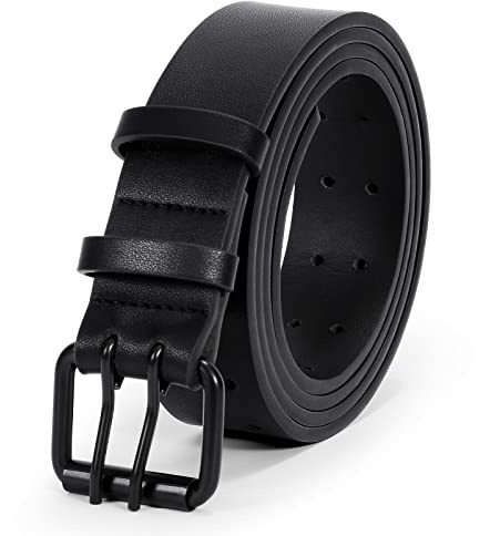 JasGood män dubbelt prong läderbälte casual work heavy Duty bälte dubbla öljetter bälte för jeans, E-svart (svart spänne), 135cm: für Taillengröße unter 120cm