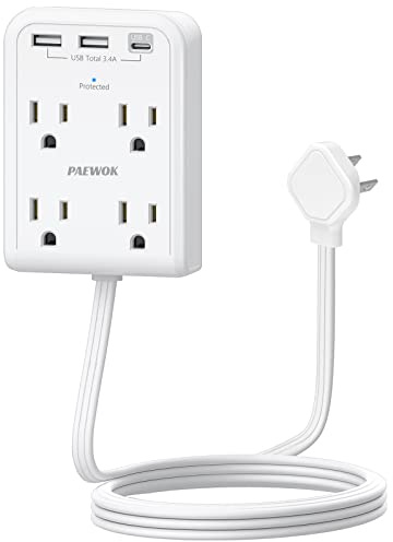 Surge Protector Power Strip, Outlet Extender Stick with USB C Ports, 4 Outlet 3 USB, 4 FT Extension Cord Flat Wall Plug, Home Office Dorm Room Essentials, White