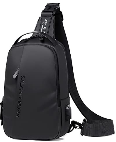 A-QMZL Sling Bags Mens Anti-theft Chest Bag Small Shoulder Bag Crossbody Bags Outdoor Waterproof Casual men's bag with USB Charging Port Lightweight Sling Bag for Hiking,Cycling, Traveling (Black 2)