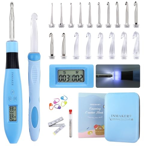 INMAKER Light up Crochet Hooks Set, 18in1 Counting Crochet Hook Set Digital, Led Crochet Needles Kit with Case, Special Crochet Gifts for Crocheters