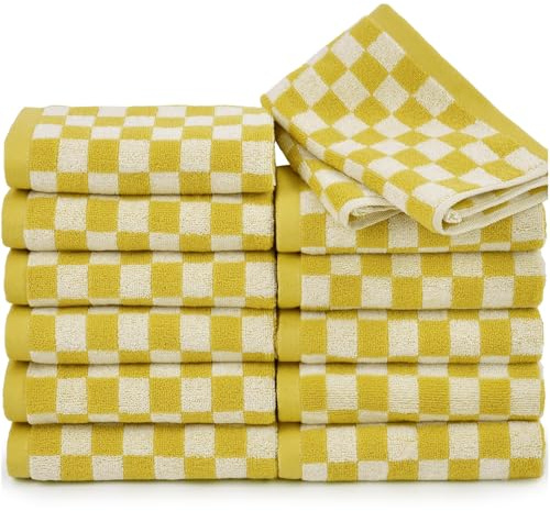 Snabbtorkande tvättlappar – förpackning med 12, 33 x 33 tum, 100 % bomullstvättdukar för dusch spa-kök, gula rutiga ansiktsdukar
