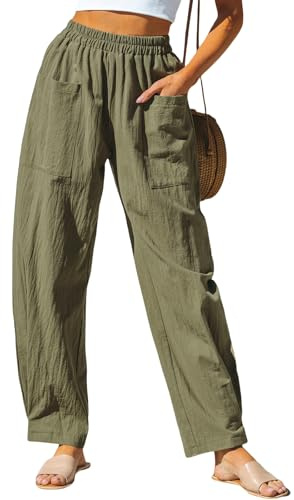 CUPSHE Women Pants Patch Pocket Tapered Leg Elastic Waist Long Pant Casual Beach,M Green