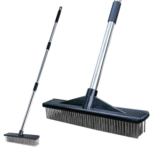 Heavy Duty Wire Push Broom Brush, 15.7 Stainless Steel Bristle Deck Brush with Long Handle for Removing Weeds, Outdoor Broom for Rough Surface Dirt