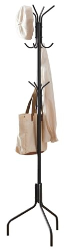 Furshus Coat Rack Freestanding,hat and coat rack stand for entryway,Living Room,Bedroom,Metal coat tree with12 Hooks and 3 Legs (Black)