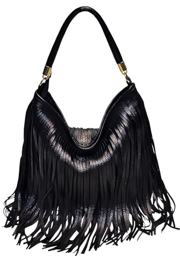 Saddhu Fringe Crossbody Purse for Women Faux Leather Tote Handbag Tassel Bohemian Cross Body Bag for Wedding Cocktail Party Black 03