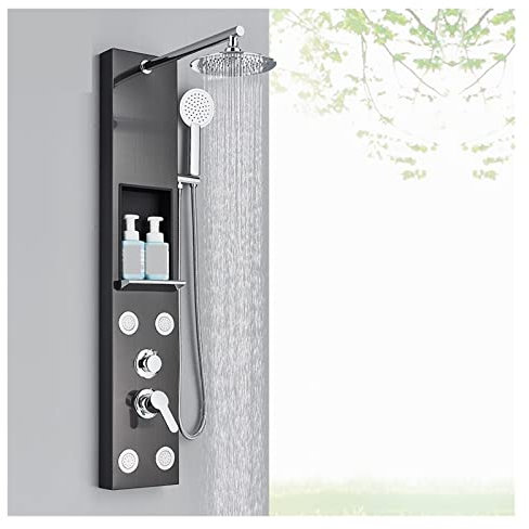 Ensemble mitigeur de douche thermostatique noir avec support de rangement, colonne de robinet de douche à effet pluie pour baignoire, double poignée, tour de robinet de salle de bain moderne, panneau