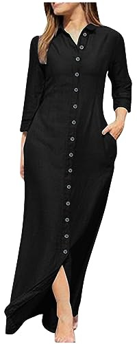 Zeiayuas Women Denim Dress Button Down Shirt Dresses Casual Vacation Beach Pockets Long Dress Plus Size Casual Long Sleeve Dress Ladies Summer Sundress Beach A Line Tunic Dress
