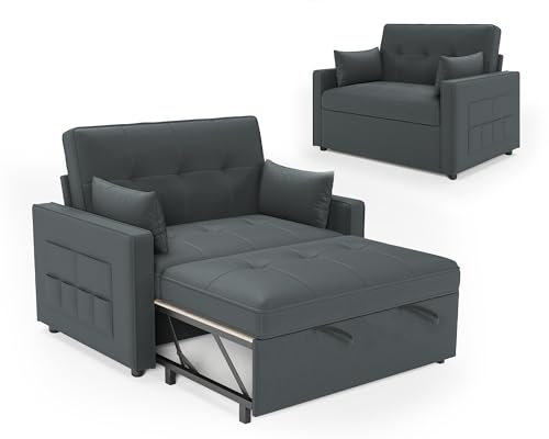 LUXOAK Schlafsofa 186 x 122 cm mit 5-stufig Verstellbarer Rückenlehne, 3-in-1 Schlafcouch mit Kissen und Seitentasche, graues Leinen-Sofa für Gästezimmer & kleine Räume