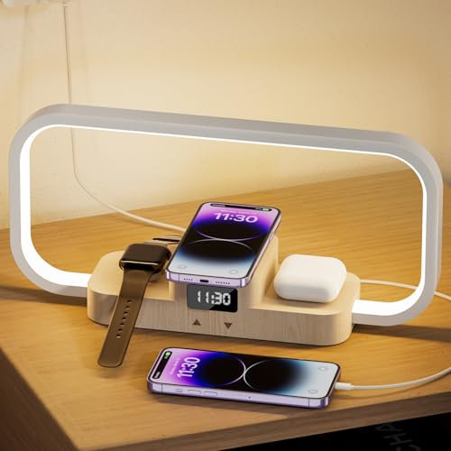 CRLL 3 in 1 Bedside Lamp with Wireless Charger & USB Port, 5 Color Dimmable Table Lamp Touch Control, Charging Station for AirPods & Watch & Smartphone, Wood Desk Lamp Birthday Gift