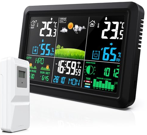 Snorthy Weather Station with Wireless Outdoor Indoor Sensor, Radio Controlled Clock, Indoor Outdoor Temperature Thermometer, Moon Phase, Weather Forecast, Barometer, Humidity Monitor for Home Garden