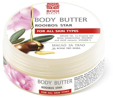 BODI BEAUTY – Rooibos Star kroppssmör 150 ml – Body smör/kroppskräm med arganolja, sheasmör, Q10 och E-vitamin | intensiv fukt, elasticitet | för mycket torr och känslig hud