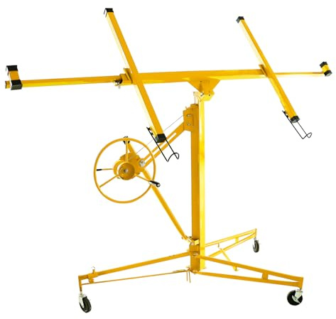 150LBS Heavy Duty Rolling Lifter Panel Perfect for Both Home & Commercial, 11FT Sheetrock Hoist Holder with Caster Construction Lockable Tool for Ceiling 360° Adjustable（Yellolw）
