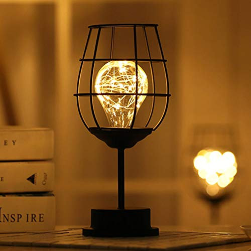 Black Metal Wire Table Lamp, Modern Iron Basket Style Night Light, Retro Battery Operated Bedside Table Lamp for Bedroom