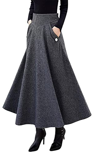 IDEALSANXUN Women’s Fall/Winter High Waist Plaid Slim A-line Long Skirt (X-Large, Dark Grey)