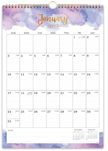 Calendar 2026-2027 - July 2026 - December 2027, Wall Calendar 2026-2027, 12 x 17, 18 Months Calendar, Twin-Wire Binding, Hanging Hook, Blocks and Julian Dates - Colorful Waterink