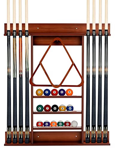 COSTWAY Billard Queue Halter Wandmontage, Wandqueuehalter für 8 Queues, 15 Billardkugeln und 1 Ballständer, aus Kiefernholz (Braun)