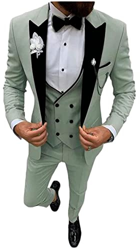 Traje de boda de 3 piezas con solapa de muesca para hombre, traje de negocios, casual, chaqueta, pantalones, chaleco, verde oscuro, 48