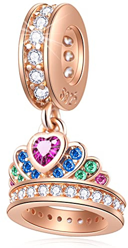 Pendentif couronne de princesse en or rose Charms, Collier bracelet pandora valentines fit, perles pendantes couronne royale en argent sterling 925 avec cz coloré, cadeau pour fille