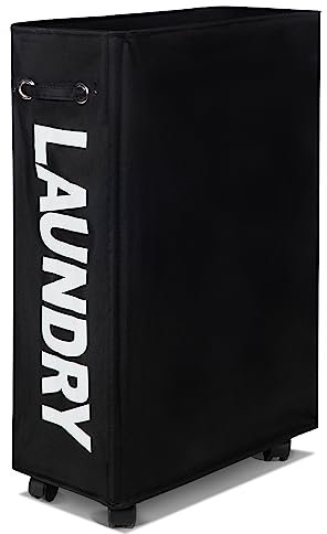 Caroeas 26 Rolling Slim Laundry Basket with wheels, 55L Collapsible Laundry hamper on Wheels Tall Thin Narrow Foldable Storage Bins for Corner