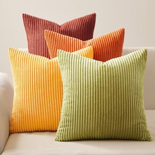 Topfinel Kissenbezug 45x45 Herbst grün gelb orange 4er Set Cord flauschig Kissenbezüge Kissenhülle Sofakissen Dekokissen deko für Sofa Bett Kinder