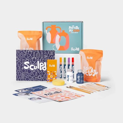 Sculpd Pottery Kit, Air Dry Clay Starter Kit for Beginners with Acrylic Paint Pen Set, Pottery Tool Set, Acrylic Paint, Waterproof Varnish, Paintbrushes, Sponge and Step-by-Step Guide for Adults