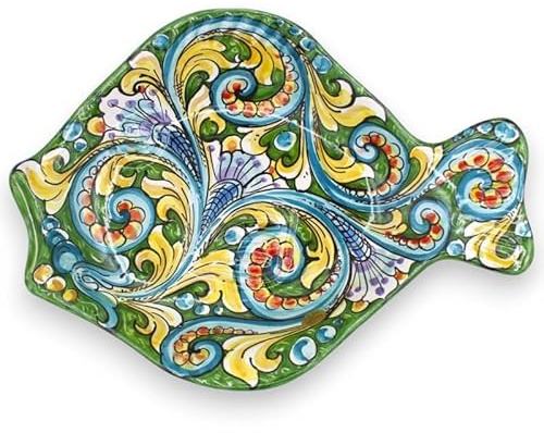 SICILIA BEDDA CAPACI Vassoio Pesce Piatto da Portata in Ceramica Caltagirone, L 40 x 30 cm ca. Decoro Barocco Multicolore, Fondo Verde