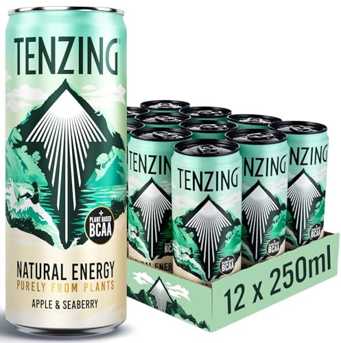 TENZING Natural Energy Drink, Plant Based, Vegan, & Gluten Free, +BCAA, Apple & Seaberry, 250ml (Pack of 12) Packaging may vary