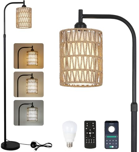 Rayofly Lámpara de Pie Ajustable Salón, Lámpara de Pie de Ratán con Mando a Distancia, App Control, Lámpara de Pie Boho con Pantalla de Ratán y Lino, Lámpara de Pie para Dormitorio, Altura Ajustable