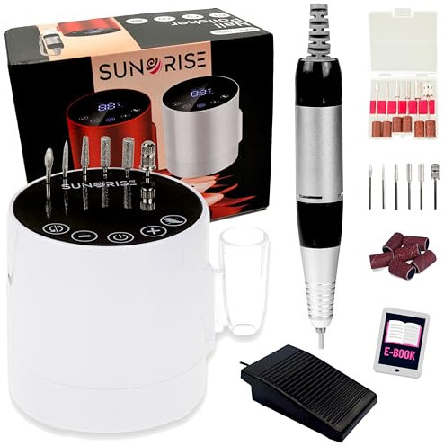 SUNORISE - Fresa per Unghie Professionale - 35000 giri, Sensore Automatico, Display, Tasti Touch, 6 punte - Fresa per Unghie, con Manipolo e Pedale - Fresa Unghie Professionale per Pedicure Elettrico