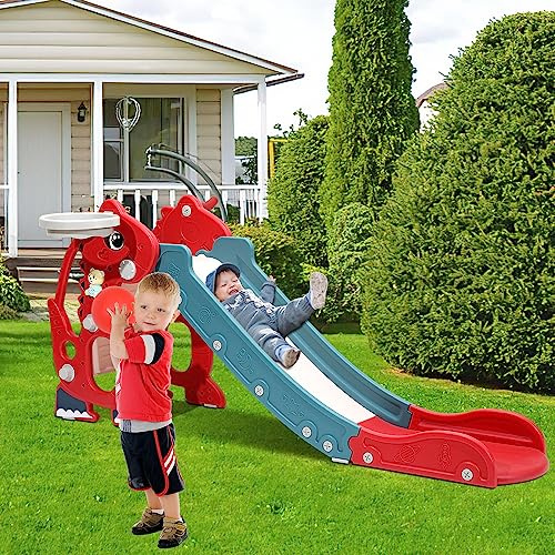 Daromigo Kinderrutsche, Rutsche 4-in-1,Kinder Fun Slide mit Englisch Frühbildungsgerät und Basketballkorb,Kinder Rutsche für 1-3 Jahre,kinderrutsche Outdoor&Indoor,Rutsche Kinder bis 35KG Rot