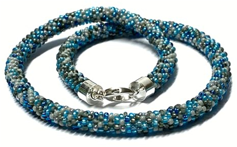 Halskette gehäkelt Glasperlen 925 Silber Schließe Handarbeit Unikatschmuck Häkelkette 47cm blau grau