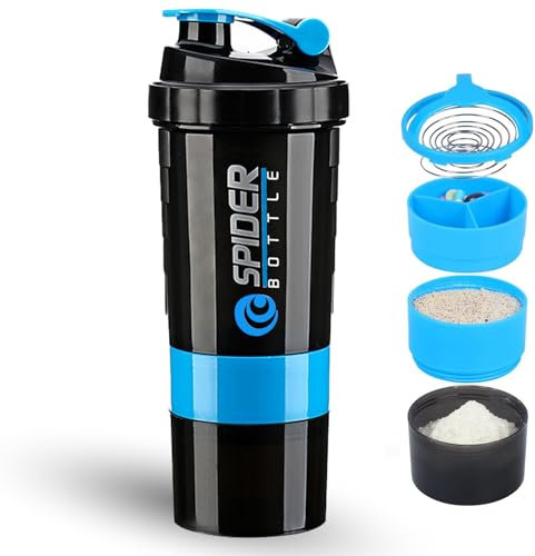 DDUP Protein Shaker Bottle, 16oz 3 Layer Twist Off GYM Shaker Cup Shake Bottle with Mix Grid and Pill & Supplement Storage,Leak Proof Shaker for Protein Shakers (Blue)