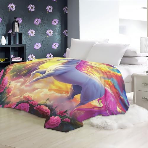 Kuscheldecke Fantasie Einhorn Blumen Motiv Weich Decken 220 x 240 cm Warme Couchdecke und Tagesdecke Bunt Bedruckte Kuscheldecken für Herbst Winter Schlafzimmer Büro Sofa