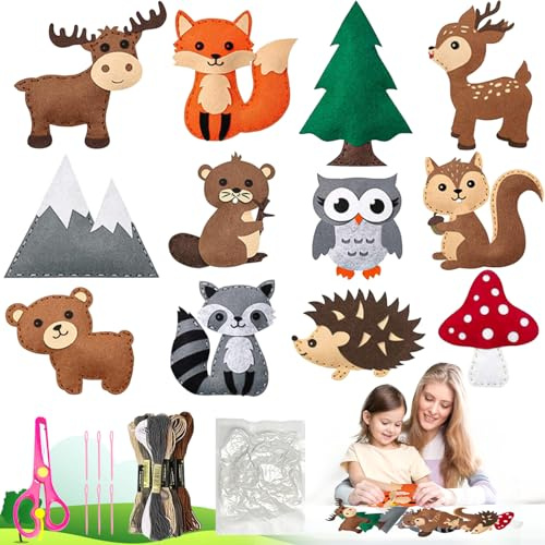 Graplan Kit de couture 12 pièces pour enfants, formes d'animaux en feutre pour enfants à partir de 6 ans, kit de couture d'animaux de la forêt en feutre, kits de couture pour enfants, loisirs créatifs