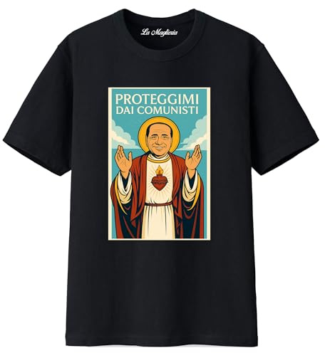 MAGLIERIA CONFORTI Maglietta Umoristica di San Silvio Proteggici dai Comunisti Unisex Uomo Donna Ragazzi/e (IT, Testo, M, Regular, Regular, Nero)