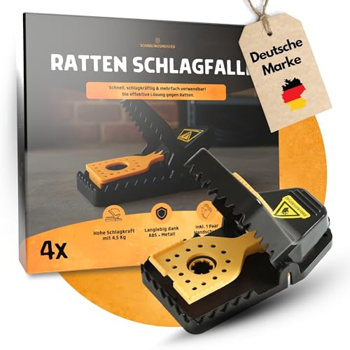 Pièges à Rats à Percussion – Lot de 4 – Force de Frappe 4,5 kg – Durable grâce à l’ABS et au métal – INCL. 1 Paire de Gants – Piège à Rats réutilisable pour Cave, Garage et extérieur