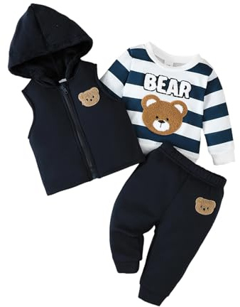 XIXIMAON Toddler Baby Boy Winter Outfit 3pcs Fluffy Warm Clothes Cartoon Bear Embroidery Long Sleeve Striped Sweatshirt Hooded Gilet Waistcoat Trouser Set (Multicolor, 6-9 Months)