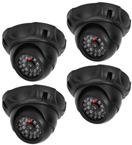 4 Pièces Caméra Factice Extérieur, Caméra Surveillance sur Batteries Dummy, LED Rouge Clignotante, Rotative 360° pour Intérieur & Extérieur, avec Panneaux Avertisseurs CCTV