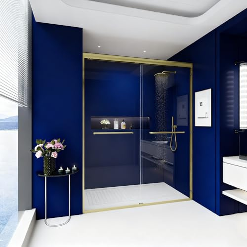 Aonlee Double Sliding Shower Door, Glass and Metal, Brushed Gold, Semi-Frameless, Contemporary, 60W x 72H x 0.236D inches, Alcove Installation, 100 Pounds, Professional Installation Recommended