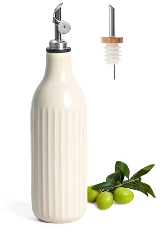 FUN ELEMENTS Olive Oil Dispenser Bottle, 600ml Ceramic Opaque Cruet for Olive Oil & Vinegar for Balsamic, Cooking Oil, Syrups & Dressings (Off-White)