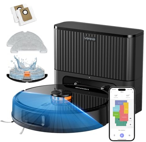 VONKO Robot Aspirateur Laveur avec Station de Vidage Automatique, 8000Pa, Navigation LiDAR 2.0, 180min Autonomie, Détection de Tapis, App & Alexa, Idéal Poils d’Animaux & Sols Dur,Noir