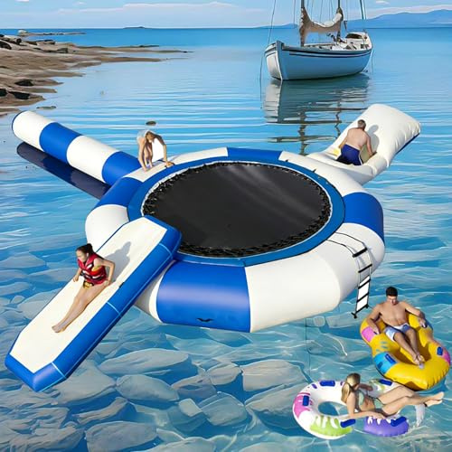 Xscxliny 4m/13ft,Inflatable Water Trampoline (Includes 500W Electric Air Pump & Rope Ladder) — Recreational Water Bouncer for Adults; Portable Bouncing & Swimming Platform for Lakes and Pools