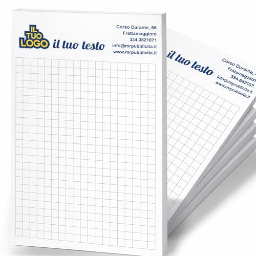 Mr Pubblicità Blocchi Note Personalizzati (6 Pezzi) con Logo e Testo | A4 o A5 | 100 Pagine per Blocco | Stampa a Colori | Fogli Bianchi, Righe o Quadretti 5 mm / 1 cm | Con Cartoncino Rigido