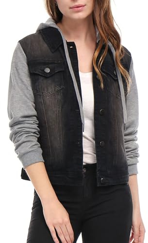 Allegra K Veste en jean à capuche avec cordon de serrage avec poches pour femmes Costume d'Halloween Le noir S