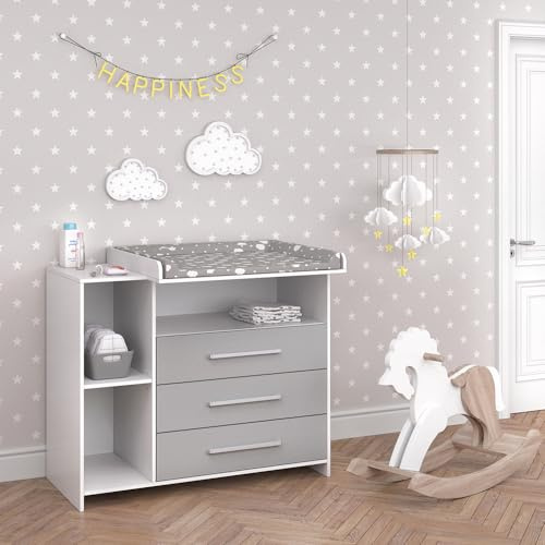 Vicco Cómoda Cambiador Oskar, Blanco/Gris, 113 x 100 cm, Convertible en cómoda Gracias al Cambiador extraíble