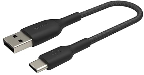Belkin BoostCharge geflochtenes USB-C-Ladekabel, USB-C-/USB-Kabel, USB-Typ-C-Kabel für Geräte wie iPhone 16, iPhone 15, Samsung Galaxy S24, Pixel, iPad Pro/Mini, Nintendo Switch, 15 cm, Schwarz