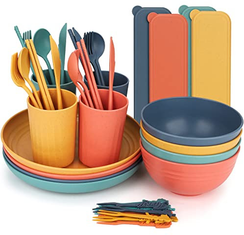 Camping Geschirr Set,44-teiliges Picknickgeschirr Tafelservice Campinggeschirr Kombiservice Tafelgeschirr mit Schüssel Teller Esslöffel Essgabel Essmesser und Becher,für Picknick, Camping, Küche