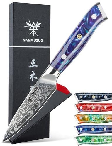 SANMUZUO Schälmesser Damastmesser 9 cm Klinge - Japanisches Obst und Gemüsemesser Officemesser - VG 10 Damaskus Stahl Küchenmesser mit Harzgriff - Xuan Serie(Saphirblau)