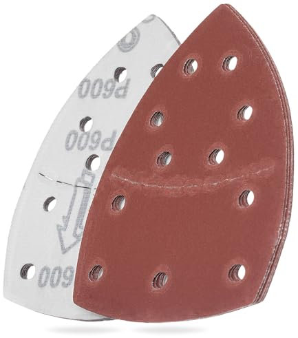 YoiYee Set di fogli abrasivi a grana 600, carta vetrata triangolare delta, fissaggio con gancio e anello, 11 fori, accessori per levigatrice multipla, rosso, confezione da 10