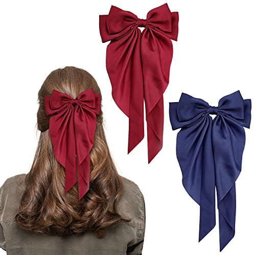 Bow Hair Clip, Hair Bows for Women Big Bowknot Hairpin French Hair Clips with Long Ribbon Solid Color Barrette Clips for Women Girls(Red+navy blue)